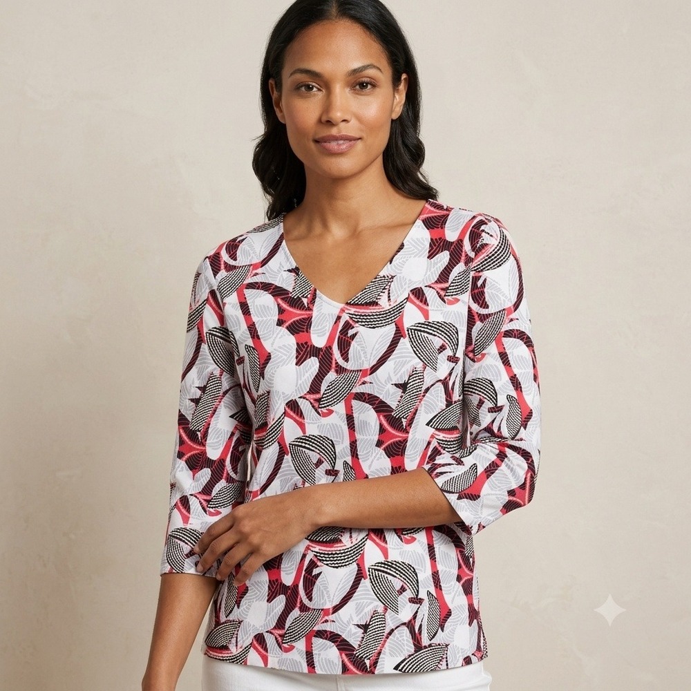 Weekends by Chico's Pink Black Geometric Leaf Print V-Neck 3/4 Sleeve Top Size 2
